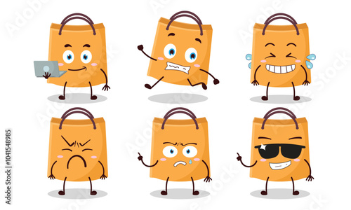 funny shopping bag cartoon character with many pose activity design illustration