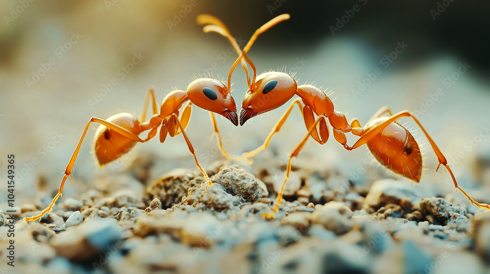 Fototapeta premium Two red ants facing each other, close-up shot.