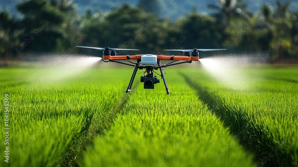 Agriculture drone fly to sprayed fertilizer on the green tea fields Agriculture drone fly to sprayed fertilizer on the green tea fields