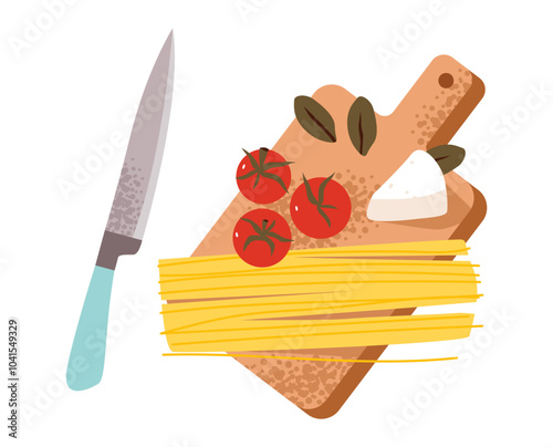 Cutting board with tomatoes, mozzarella, and fresh greens. Culinary preparation and fresh ingredients. Flat vector illustration