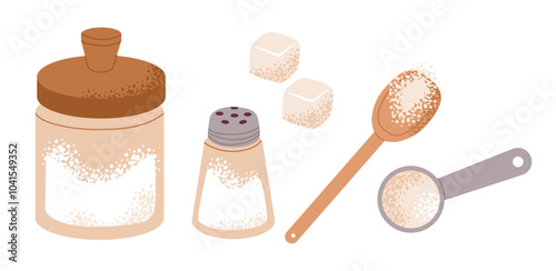 Kitchen salt and sugar isolated on white background. Essential seasonings. Flat illustration