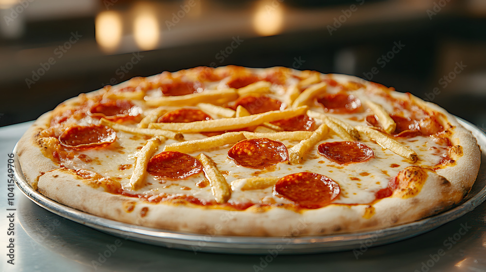 An Artistic Capture of a Freshly Baked Pizza with Savory Pepperoni and Golden Fries in a Bustling Restaurant An Artistic Capture of a Freshly Baked Pizza with Savory Pepperoni and Golden Fries in a Bustling Restaurant