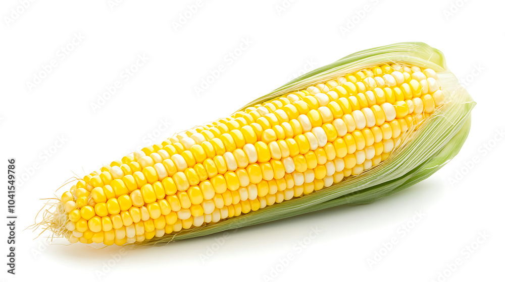 A single ear of fresh corn with husks partially peeled back, isolated on a white background A single ear of fresh corn with husks partially peeled back, isolated on a white background