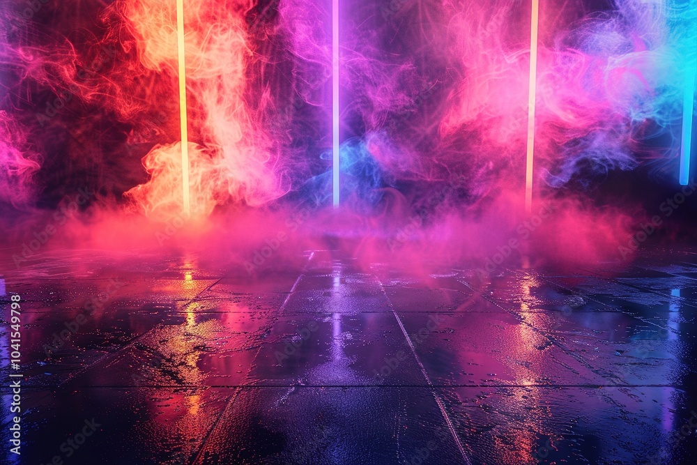 Naklejka premium Empty background scene, Dark street reflection on wet asphalt, Rays of neon light in the dark, neon shapes, smoke, Background of an empty stage show, Abstract dark background