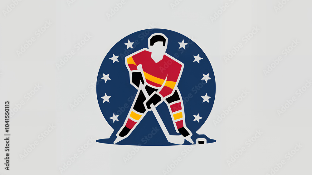 Obraz premium illustration of sign with hockey player with a red jersey and white and yellow stripes on it. Ice hockey web icon flat cartoon design graphic