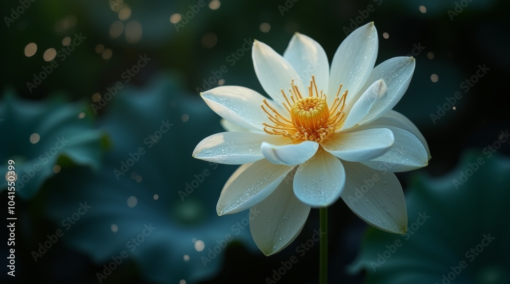 A delicate white lotus flower with a golden center blooms against a dark green background. A delicate white lotus flower with a golden center blooms against a dark green background.