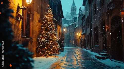 A street in a historic European town on a Christmas night