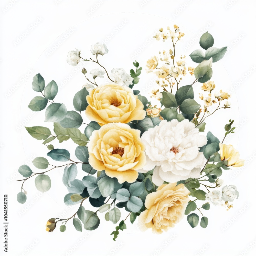 yellow roses, peonies, eucalyptus, foilage, bouquet, half circle border yellow roses, peonies, eucalyptus, foilage, bouquet, half circle border