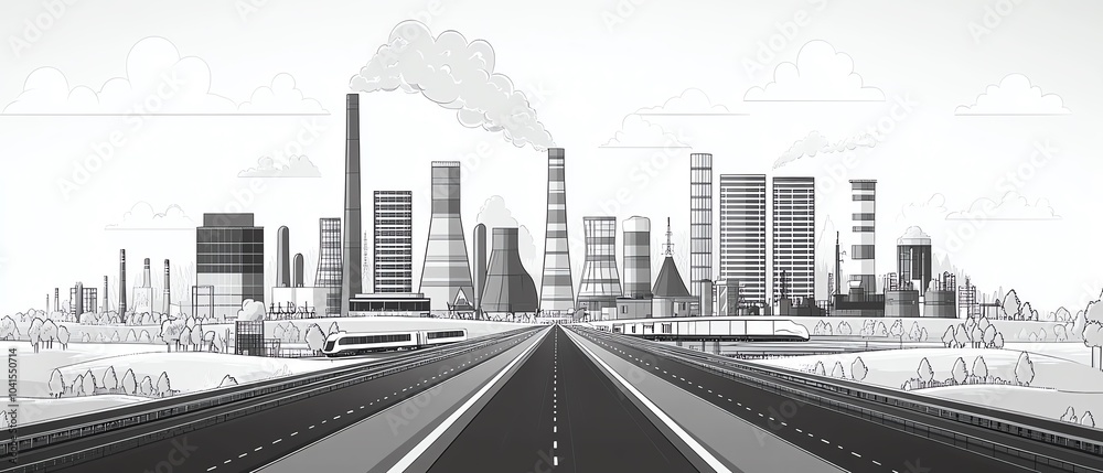 Fototapeta premium Intricate vector design depicting a wide highway, a passing train, and a modern town, featuring a thermal power plant illustrated in sharp black outlines