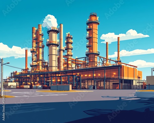 Vector art of a gas refinery plant viewed from an industrial perspective, incorporating two layers of detail for a rich representation of the facility photo