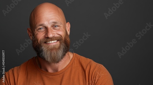 A smiling bald man with a full beard and wearing an orange shirt poses in front of a simple, dark background, exuding warmth, friendliness, and confidence.