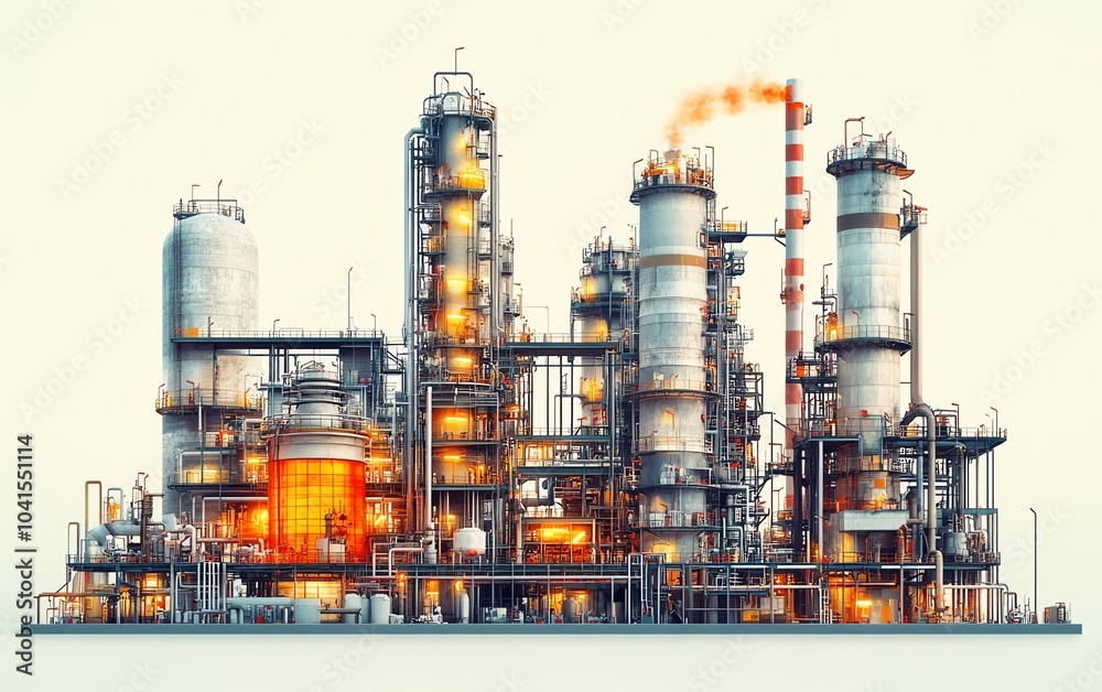 Vector illustration of a gas plant industrial view showcasing a detailed refinery plant with two layers of complexity, highlighting pipes and storage tanks Vector illustration of a gas plant industrial view showcasing a detailed refinery plant with two layers of complexity, highlighting pipes and storage tanks
