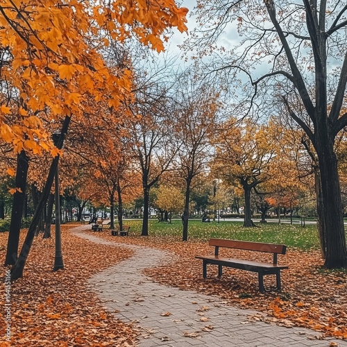 The park is full of orange leaves, a beautiful sign of autumn.