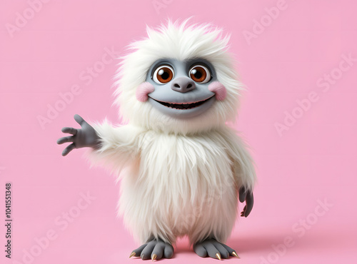 Funny fluffy monster isolated on transparent pink background. Joyful and fluffy little monster. Cute yeti. Halloween character.