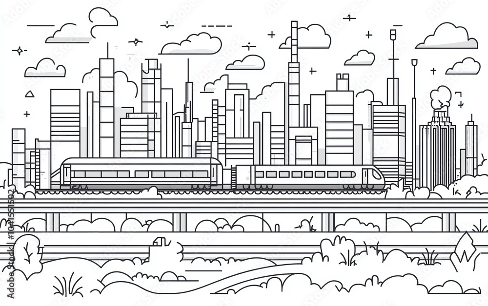 Obraz premium Comprehensive vector illustration showcasing a highway scene with a train, a modern town, and a thermal power plant, all depicted in bold black outlines