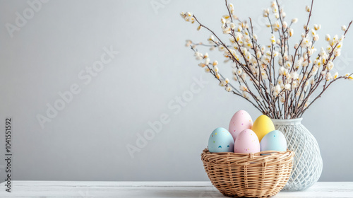 Easter eggs in a basket on the table