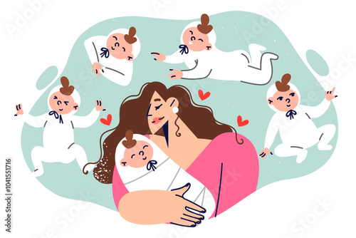 Caring mother, fascinated by baby, rejoices in showing love and affection for own son