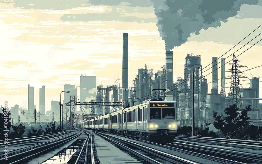 Fototapeta premium Engaging vector art showing a highway scene with a train, a modern urban environment, and a thermal power plant, all designed with black outlines for emphasis