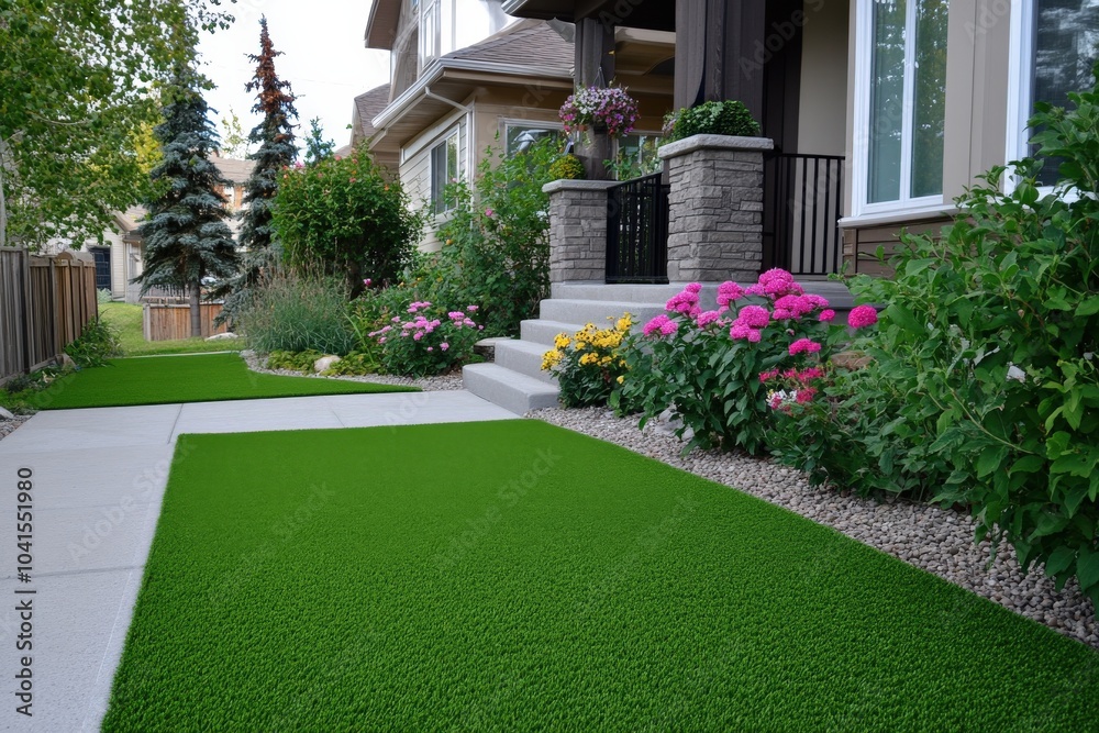 Artificial Lawn Design in Alberta City: Beautiful Front Yard with Flowers and Shrubs