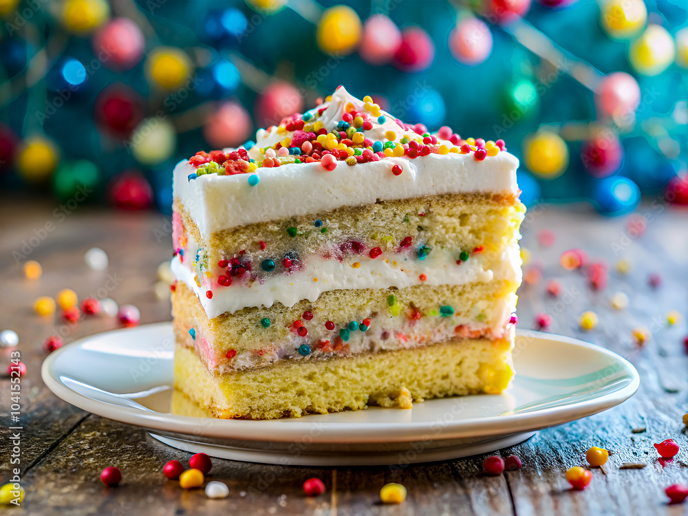 Delicious piece on a funfetti cake on an elegant plate Delicious piece on a funfetti cake on an elegant plate