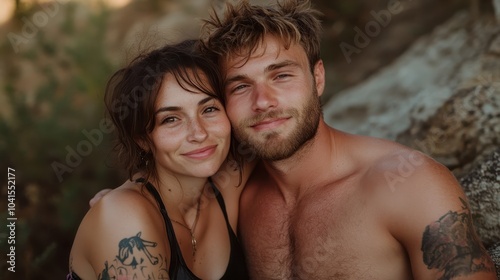 A couple with tattoos enjoys a relaxed moment outdoors, smiling and looking content. The image conveys a sense of happiness, freedom, and youthful spirit.