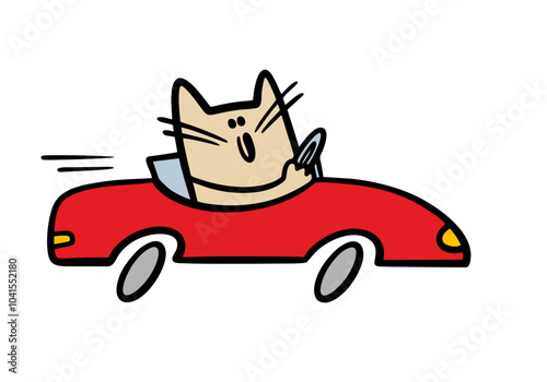 Rich cat is riding in an expensive car on the road. Vector illustration of a red racing car and driver. Transport and pet turns the steering wheel. Isolated animal character on white background.