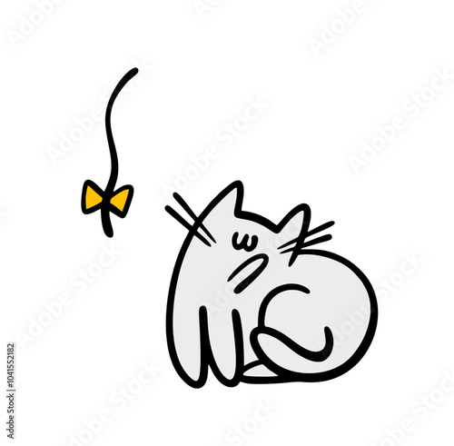 Disgruntled pet turned away from the toy. Vector doodle  illustration of a rope with a bow and the cat does not want to play with the owner. Funny cartoon  kitten isolated on white background. 