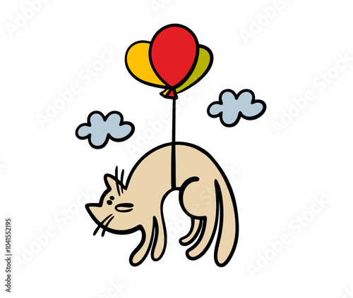 Unfortunate animal was tied to a balloon. Vector illustration of a cat flying in the sky and looking down sadly. Victim of bullies at a party. Funny kitten isolated on white background. 