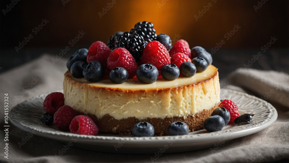 Cheesecake topped with fresh berries, with dramatic backlighting that highlights the glossy fruit and creamy texture of the cake. Cheesecake topped with fresh berries, with dramatic backlighting that highlights the glossy fruit and creamy texture of the cake.