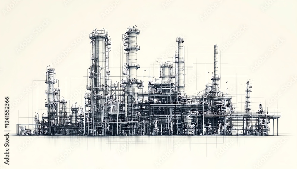 Obraz premium Sophisticated vector illustration of a gas plant industrial view, featuring a refinery with two distinct layers of detail for a comprehensive perspective