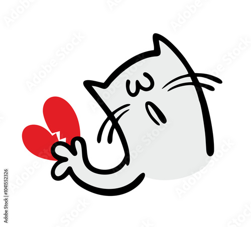 Very sad kitten holds a broken heart in his hand. Vector illustration of a cat crying about unhappy love. Isolated doodle animal on white background in flat style.