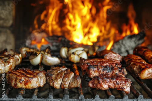 Asado Argentino. Cookout with Grilled Meat on Open Fire