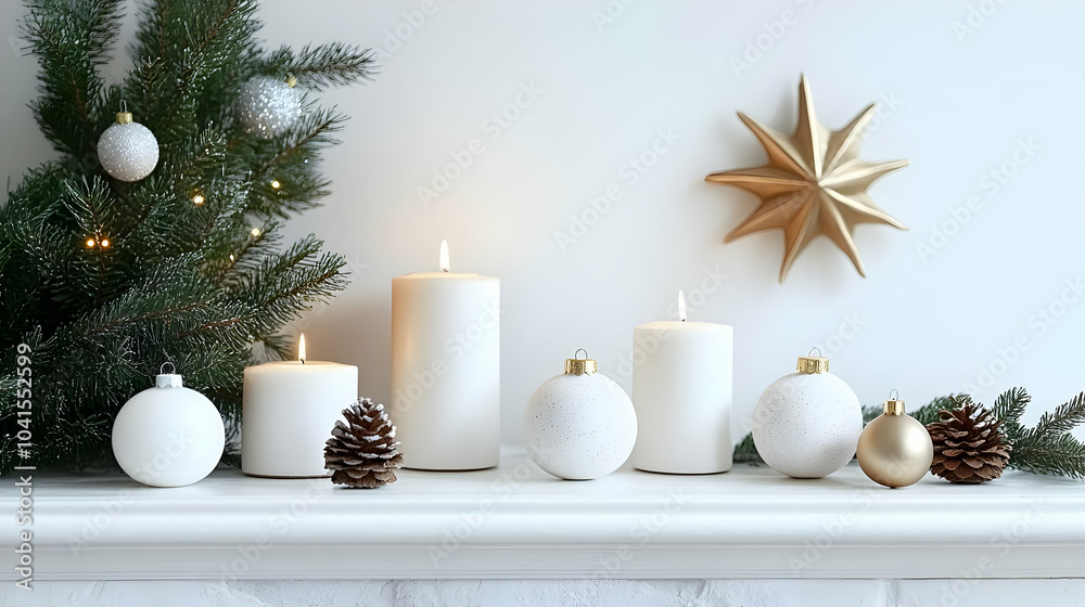 Christmas Decor: Candles, Ornaments, and Pine Branches Christmas Decor: Candles, Ornaments, and Pine Branches