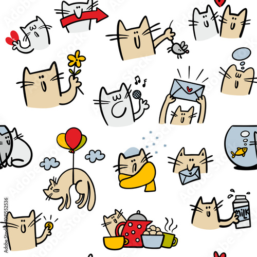 Seamless vector pattern with cat faces. Endless wallpaper of domestic and wild animals. Kittens with food, toys, clothes and broken heart.