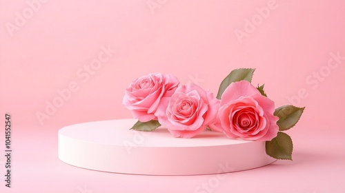 Delicate pink roses gracefully adorn a circular white podium, creating a romantic and elegant display against a soft pink background, perfect for beauty products.