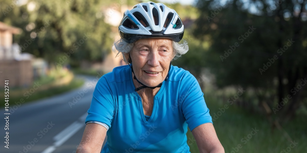 Joyful Senior Woman Cycling in the Countryside. A joyful senior woman wearing a floral dress and helmet rides her bike along a peaceful country road. 
