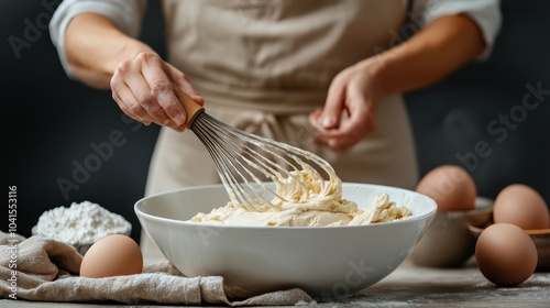 A person energetically whisks thick cake batter in a large white bowl, set amid baking ingredients, highlighting the joy of homemade preparations. photo