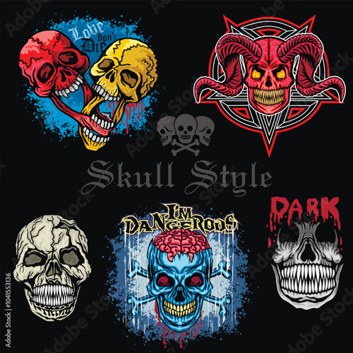 set, gothic sign with skull, grunge vintage design t shirts