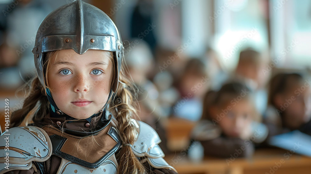bullying at school, the concept of protecting a girl at school, a girl in knight's armor in a school classroom bullying at school, the concept of protecting a girl at school, a girl in knight's armor in a school classroom