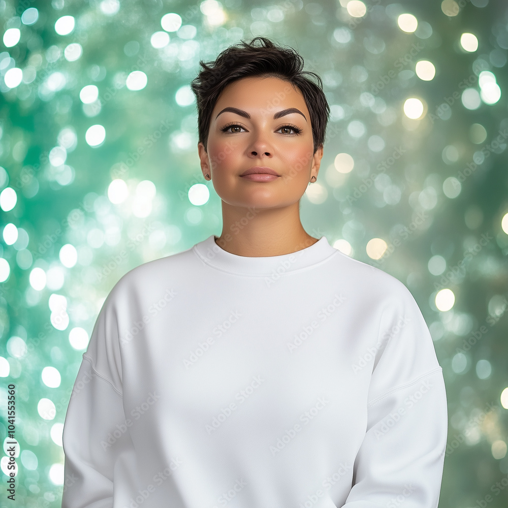 Product photo of blank white sweatshirt, plus size woman with short hair in front of white and green Christmas background Product photo of blank white sweatshirt, plus size woman with short hair in front of white and green Christmas background