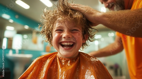 A young child with wet hair and an orange apron laughs joyfully while getting a haircut at a vibrant salon, capturing a moment of pure happiness and innocence. photo