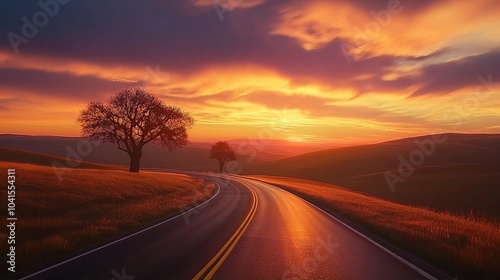 Winding Country Road at Sunset: A Scenic Landscape