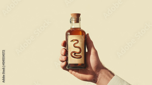 Hand holding vintage snake oil bottle with old label