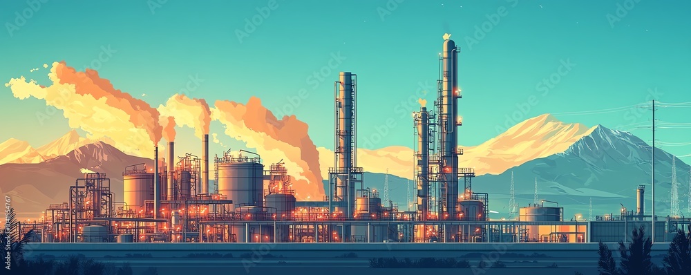 Fototapeta premium Vector art of a gas refinery plant viewed from an industrial perspective, incorporating two layers of detail for a rich representation of the facility