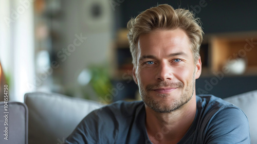 Young Caucasian man with blond hair, relaxed and sitting on a couch at home.