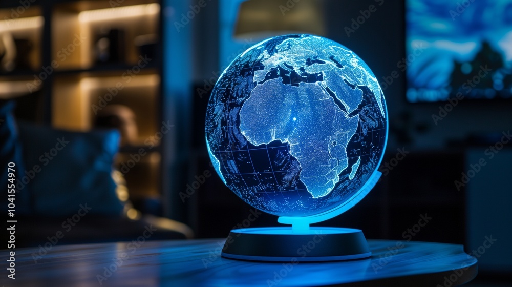 Globe earth on table with neon light internet power energy worlwide Globe earth on table with neon light internet power energy worlwide