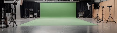 Professional studio setup with green screen for video production and photography, ideal for creative projects.