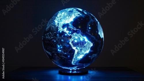 Globe earth on table with neon light internet power energy worlwide photo
