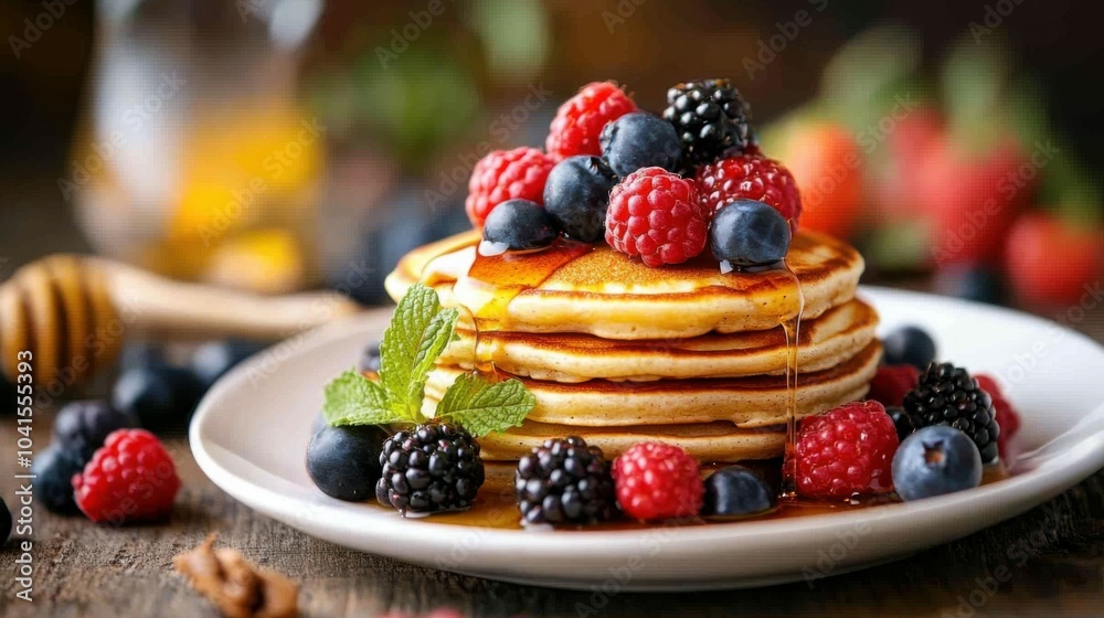 A plate of whole grain pancakes with fresh berries and honey drizzle, symbolizing a balanced breakfast, Generative AI
