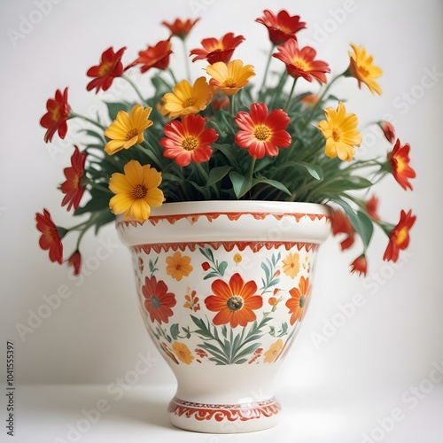 Beautiful ceramic flower pot with intricate hand-painted floral patterns, filled with vibrant red and yellow flowers